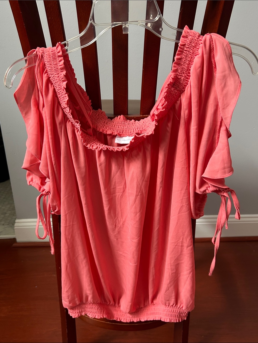 New York & Company Coral Off-Shoulder Ruffle Tie-Sleeve Blouse